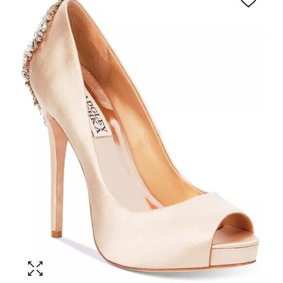 Badgley Mischka Satin Rhinestone High Heel Size 9 Kiara Peep‎ Toe Pumps latte - Picture 1 of 7